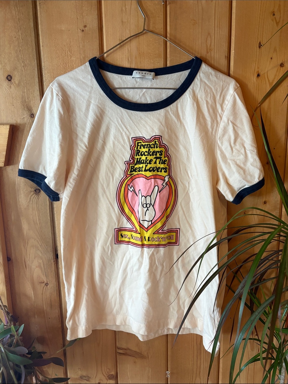 Sandro White Ringer Tee with Navy Trim and Graphic Heart